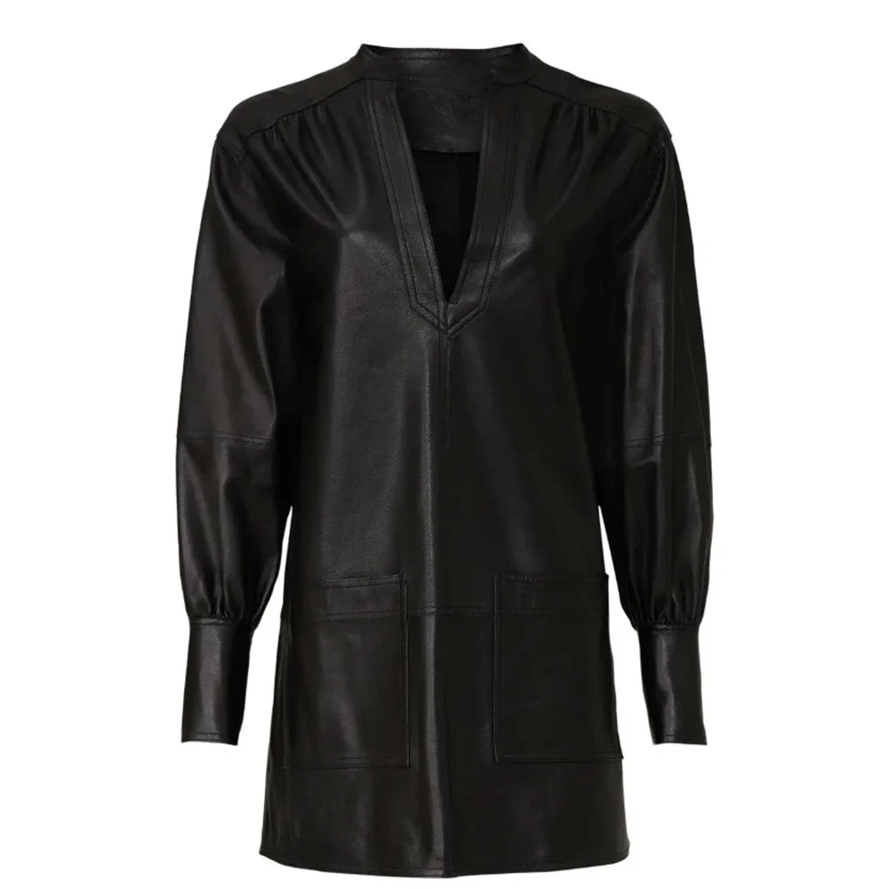 Rebecca Taylor Black Faux Leather Mini Tunic Dress XS Edgy Designer $300 Flaw - Picture 3 of 11